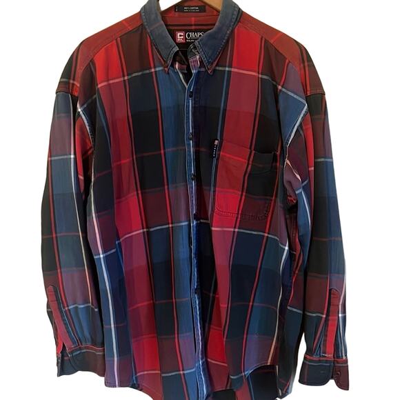 Chaps Ralph Lauren Vtg Mens Button Down Shirt Large Plaid 90s Lumberjack Denim - Picture 1 of 6